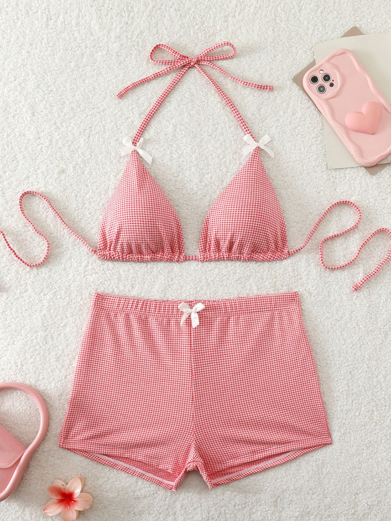 Rosa 50er Bikini-Set & Shorts mit Schleife und Hohe Taille