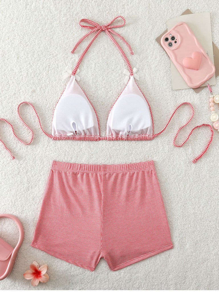 Rosa 50er Bikini-Set & Shorts mit Schleife und Hohe Taille