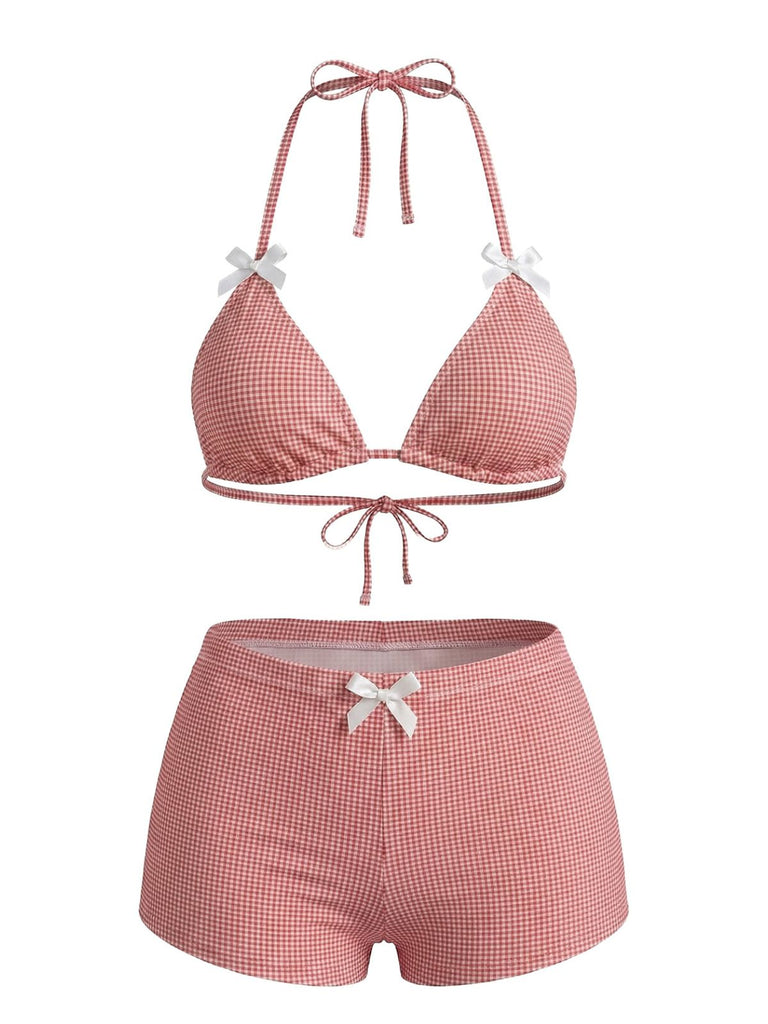 Rosa 50er Bikini-Set & Shorts mit Schleife und Hohe Taille