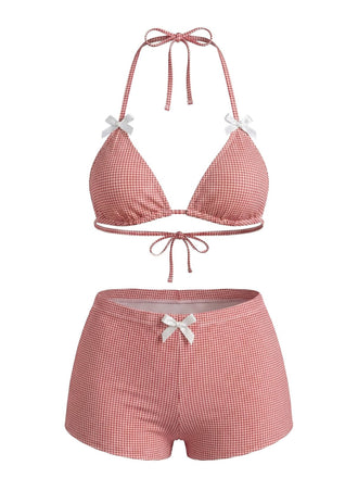 Rosa 50er Bikini-Set & Shorts mit Schleife und Hohe Taille