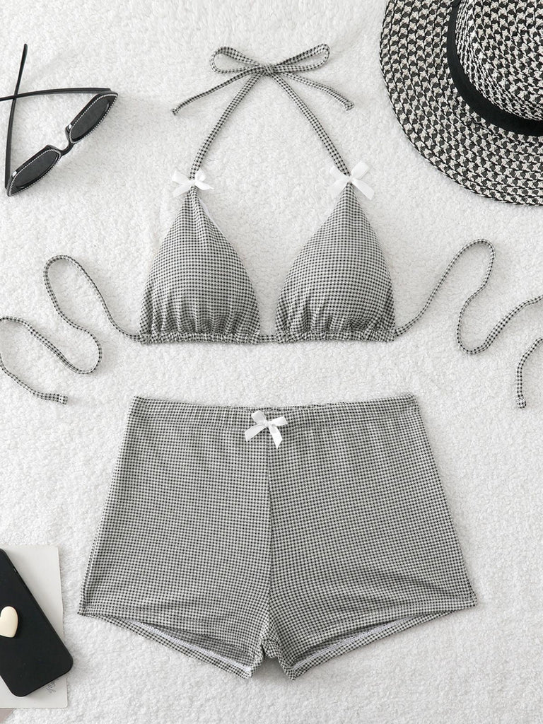 Rosa 50er Bikini-Set & Shorts mit Schleife und Hohe Taille