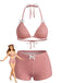 Rosa 50er Bikini-Set & Shorts mit Schleife und Hohe Taille