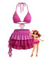 50er Bikini-Set mit Neckholder, Rüschen-Rock Cover-Up in Rosa