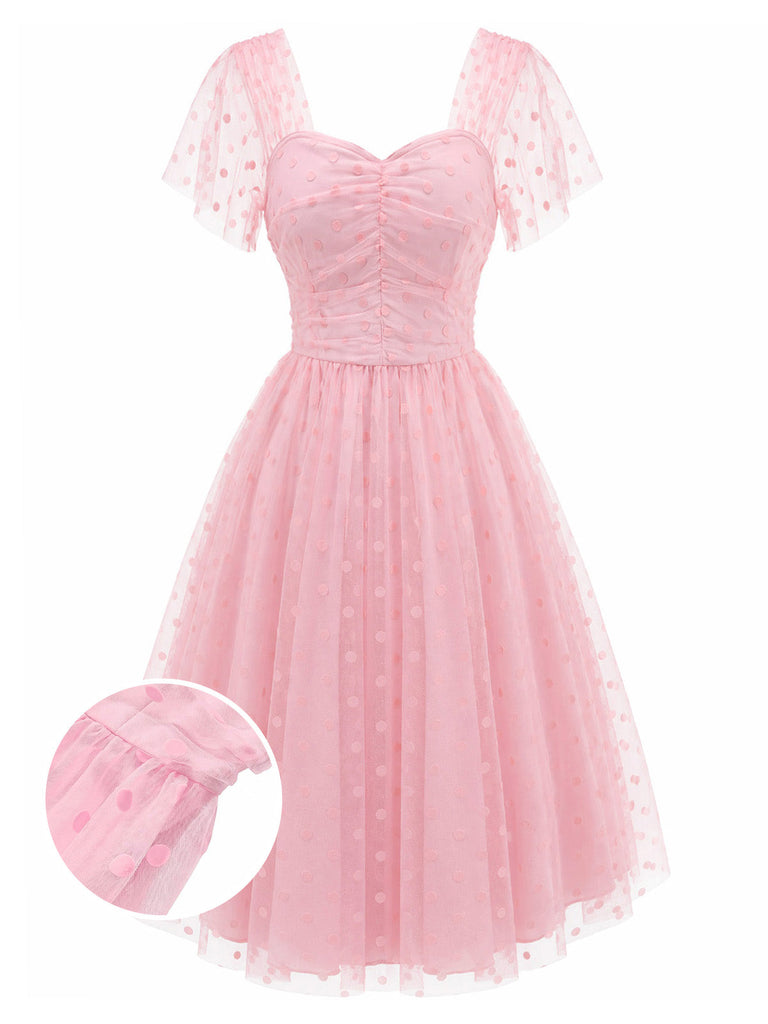 Rosa 50er Netzkleid mit Herzausschnitt und Polka-Dots
