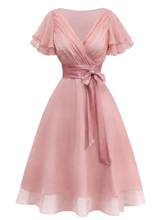 Rosa 50er Satin-Kleid mit Tüll und Bindeband