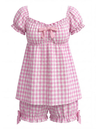 Rosa 1960er Bogen Gingham Rüschen Pyjama Set