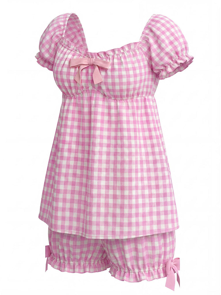 Rosa 1960er Bogen Gingham Rüschen Pyjama Set