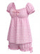 Rosa 1960er Bogen Gingham Rüschen Pyjama Set