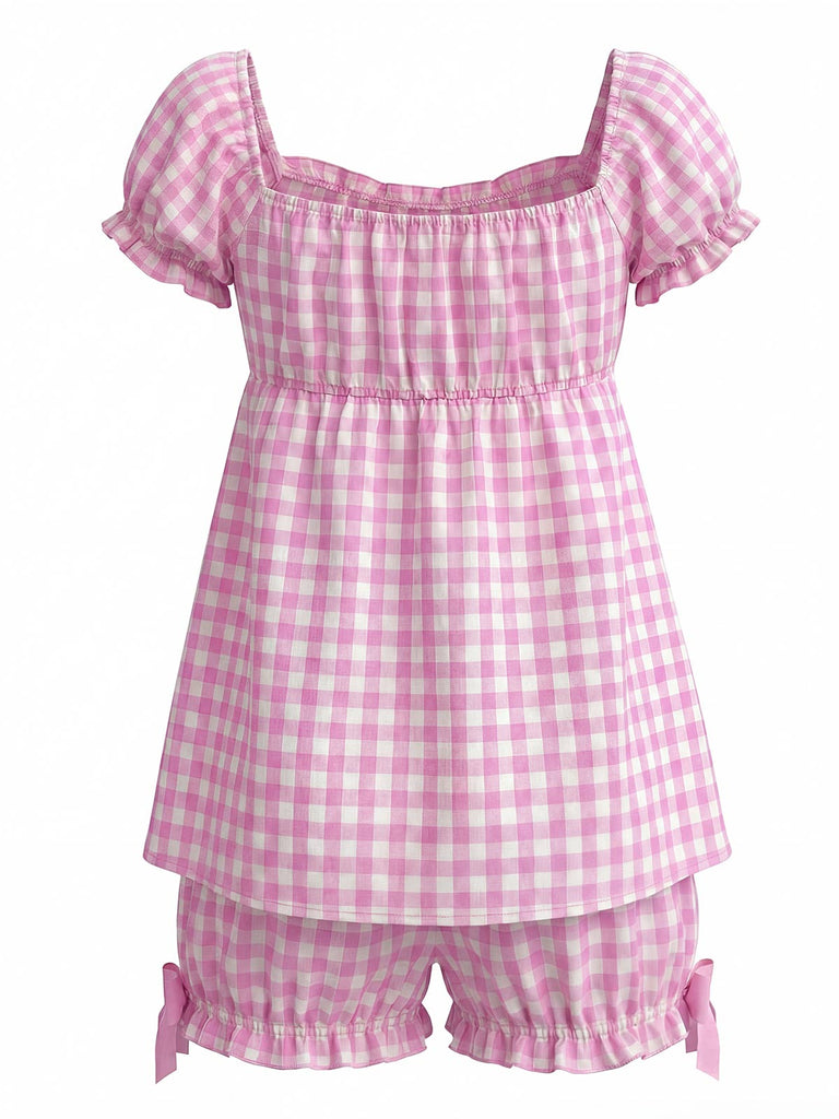 Rosa 1960er Bogen Gingham Rüschen Pyjama Set