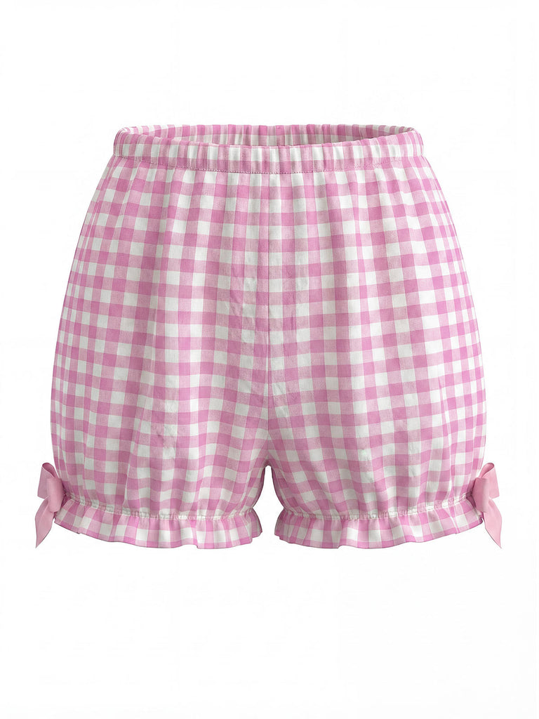 Rosa 1960er Bogen Gingham Rüschen Pyjama Set