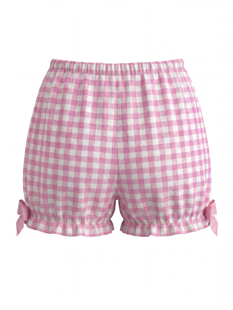 Rosa 1960er Bogen Gingham Rüschen Pyjama Set