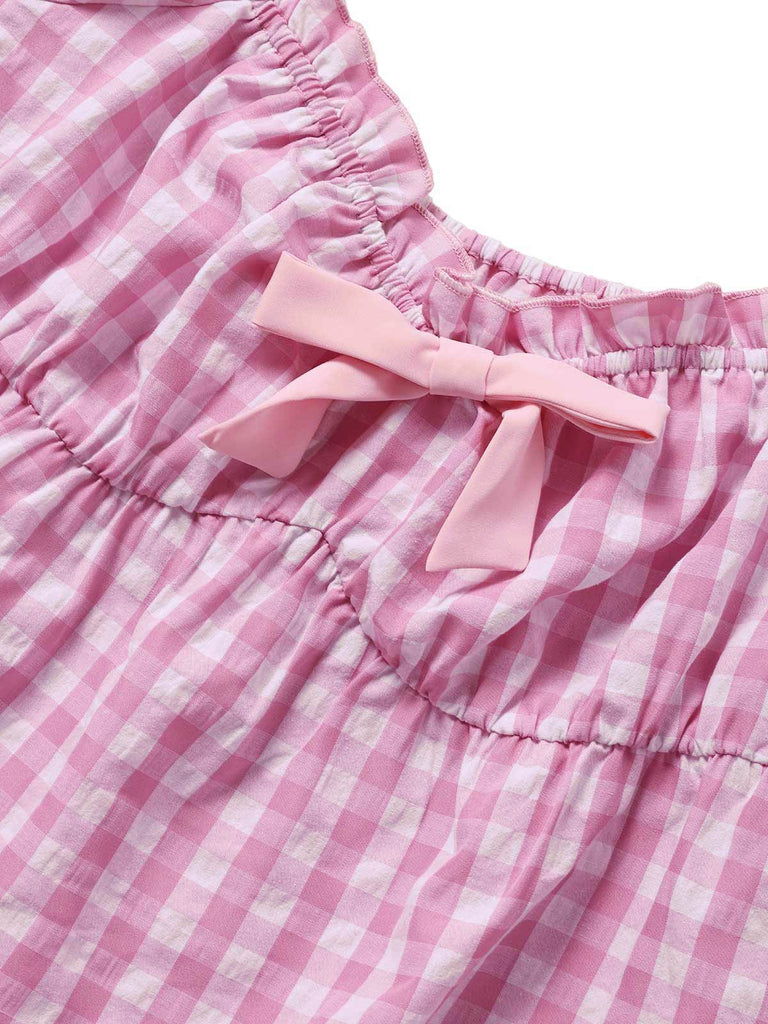 Rosa 1960er Bogen Gingham Rüschen Pyjama Set