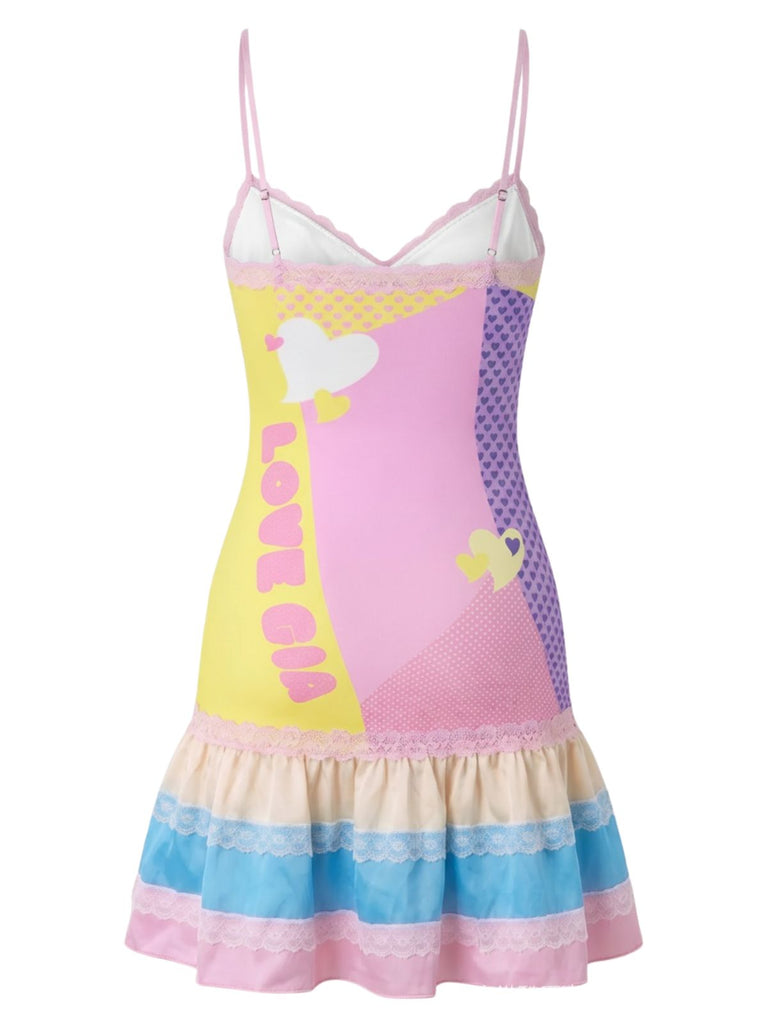 Rosa 60er Minikleid mit Print und Mädchen