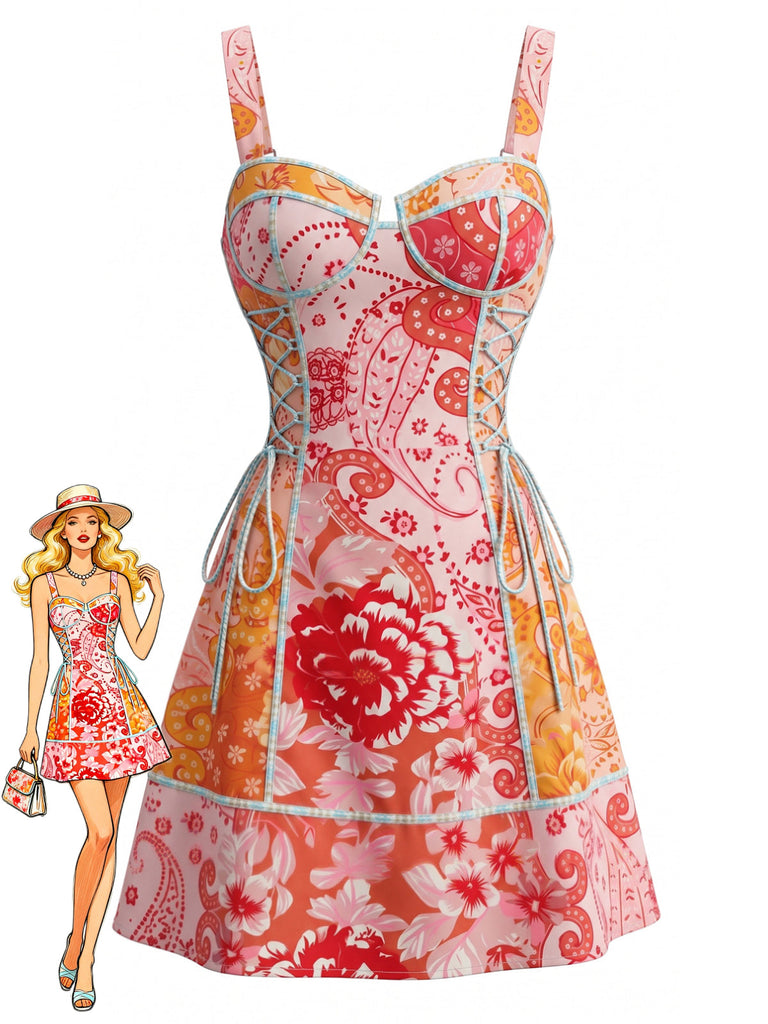 Rosa 70er Minikleid mit Blumen und Schnürung