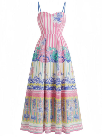 Rosa 70er Tropen Maxikleid mit Spaghettiträger und Print