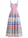 Rosa 70er Tropen Maxikleid mit Spaghettiträger und Print