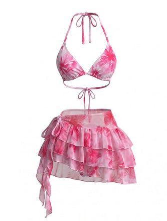 Rosa 80er Netz-Bikini-Set mit Neckholder und Blumen