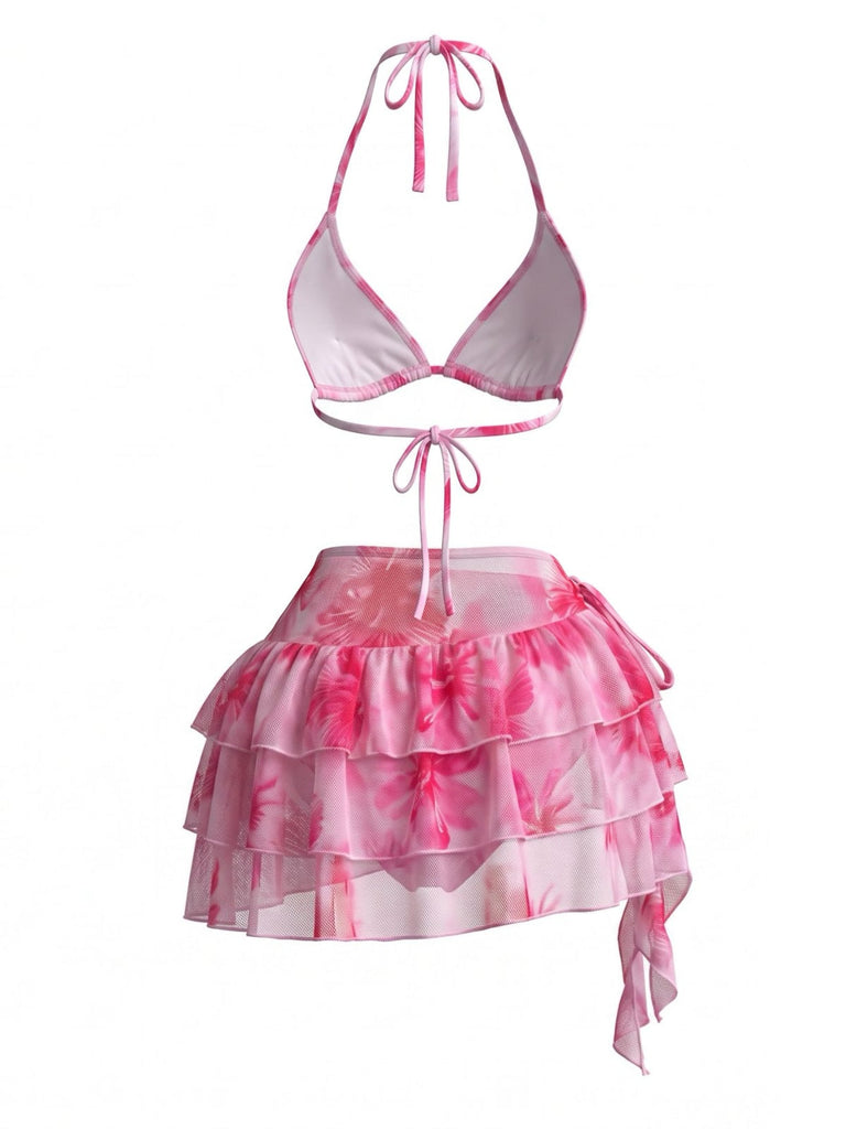 Rosa 80er Netz-Bikini-Set mit Neckholder und Blumen