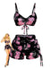 Schwarzes & Rosa 40er Bikini-Set mit Blumen-Print und Kordelzug