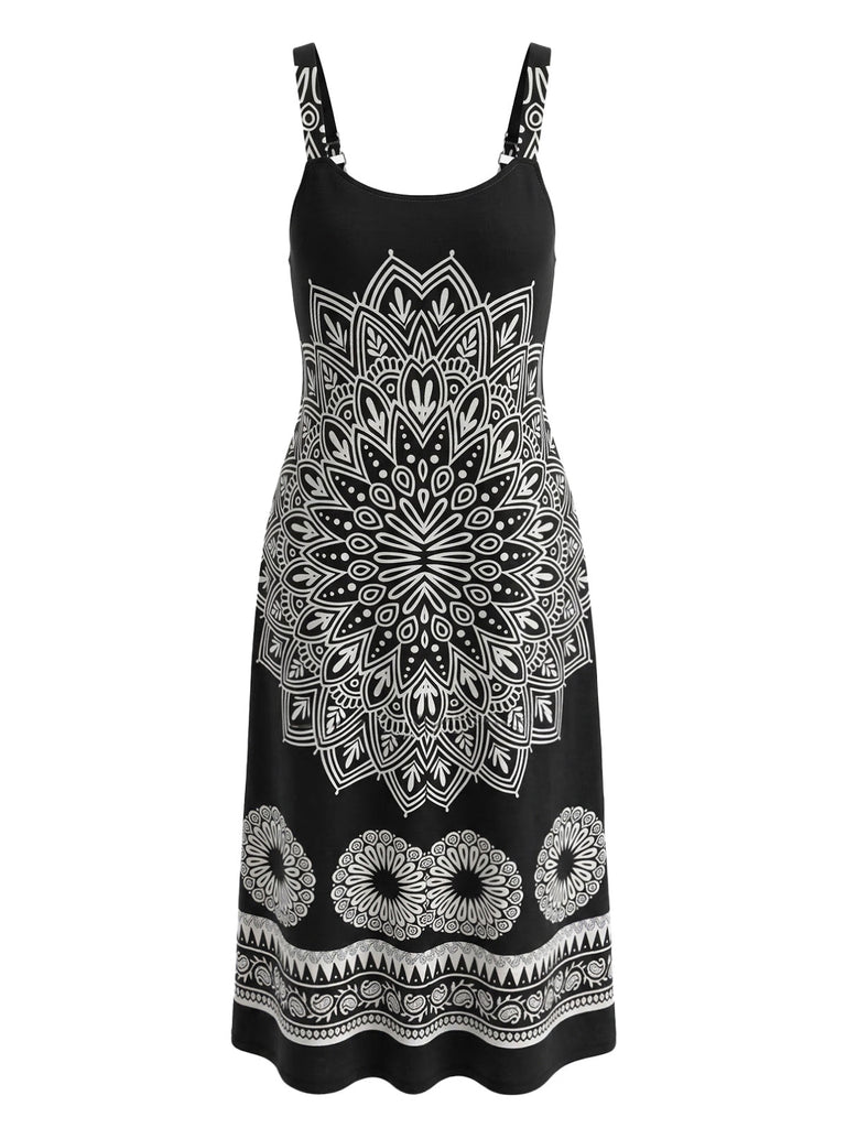 [Übergröße] Schwarzes 70er Bohemian Kleid mit V-Ausschnitt und Riemen