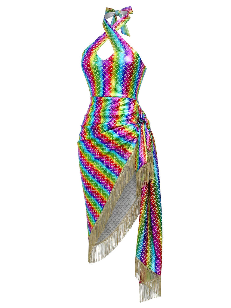 Regenbogen 80er Meerjungfrauenkleid mit Neckholder und Metallic