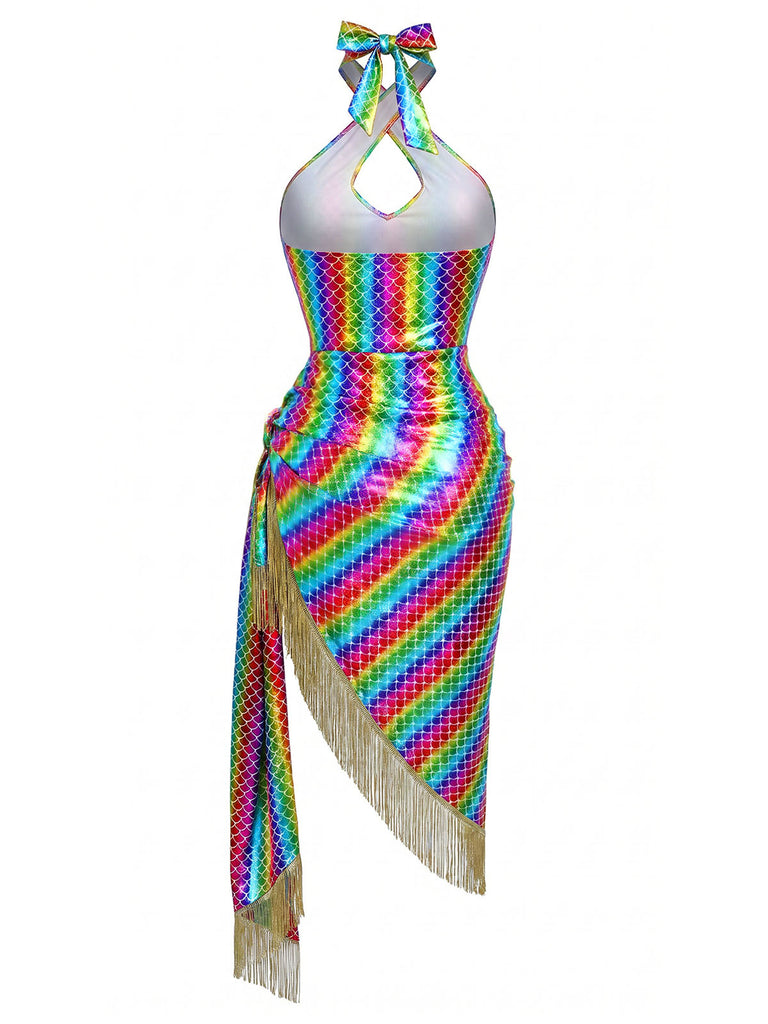 Regenbogen 80er Meerjungfrauenkleid mit Neckholder und Metallic