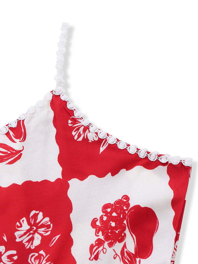 Rotes Kleid im Stil der 1930er Jahre mit Karomuster, Blumen- und Fruchtprint, Spaghettiträgern und Details