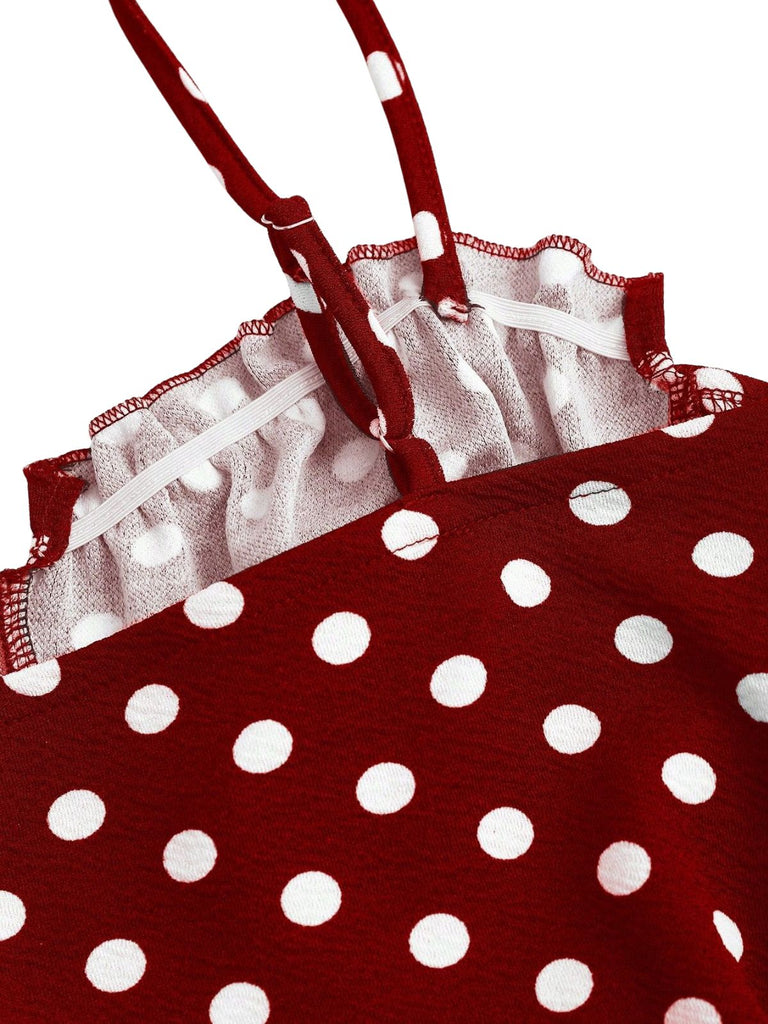 Rotes 30er Fischschwanzkleid mit Spaghettiträger und Polka-Dots