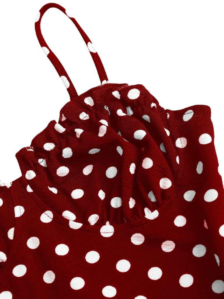 Rotes 30er Fischschwanzkleid mit Spaghettiträger und Polka-Dots