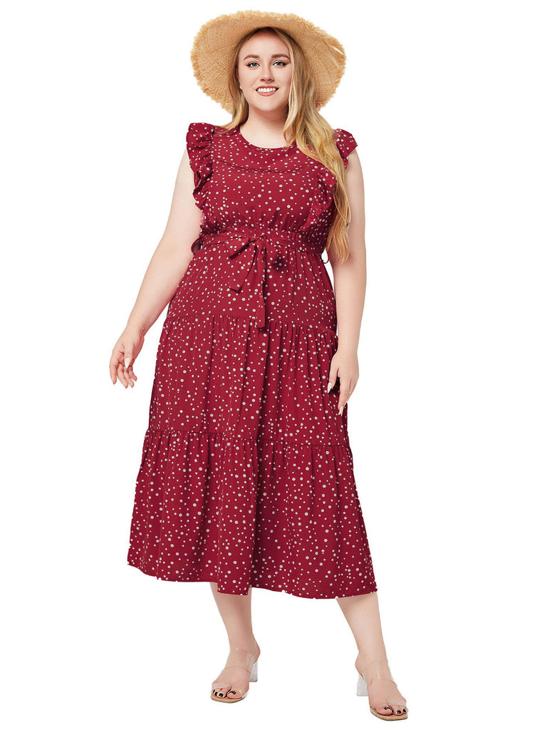 [Übergröße] Rotes 40er Swingkleid mit Polka-Dots und Rüschen
