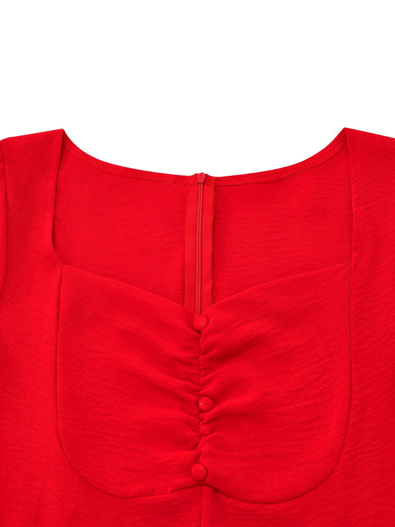 Rotes Empire-Kleid aus den 1940er Jahren mit einfarbigem Ausschnitt und Taillenausschnitt