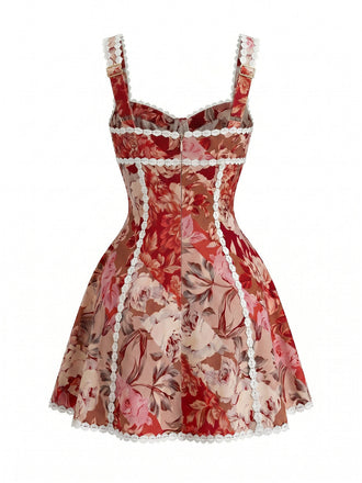 Rotes 60er Minikleid mit Herzausschnitt und Blumen
