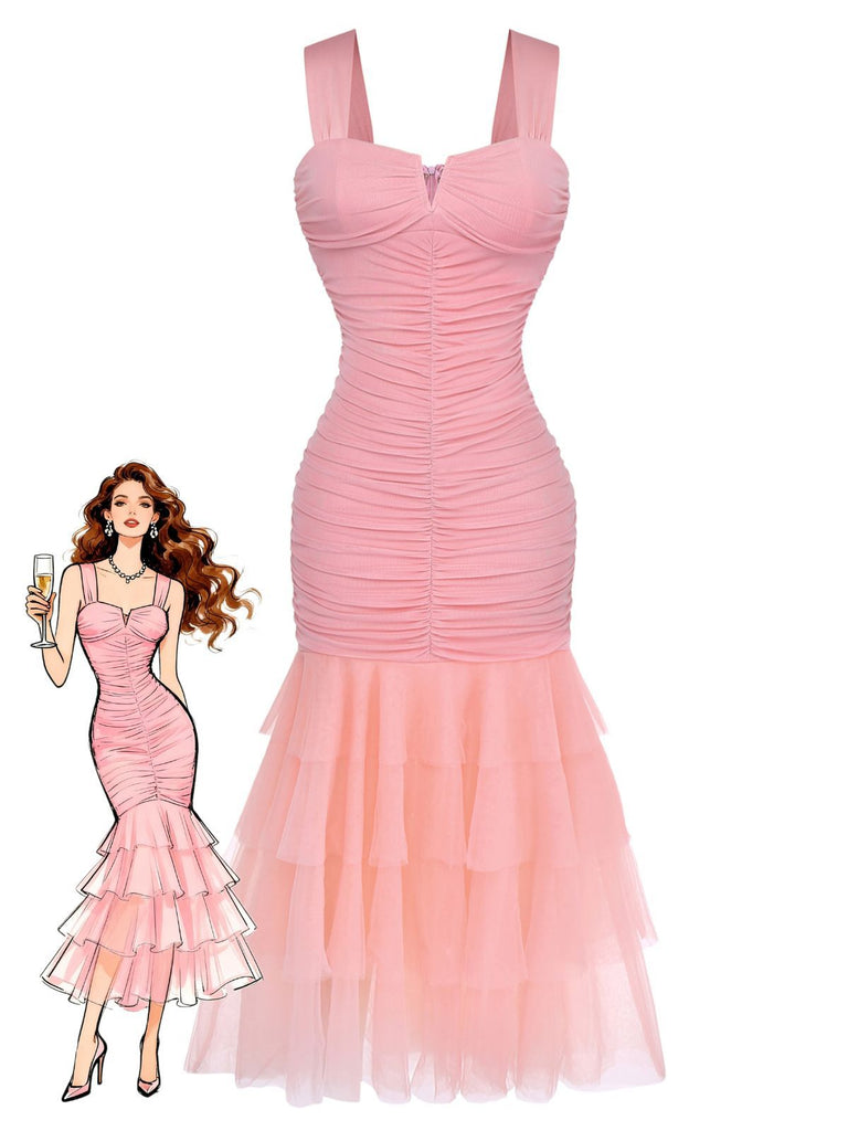 Rosa 1930er Solide Netz Patchwork Gerafft Enges Kleid