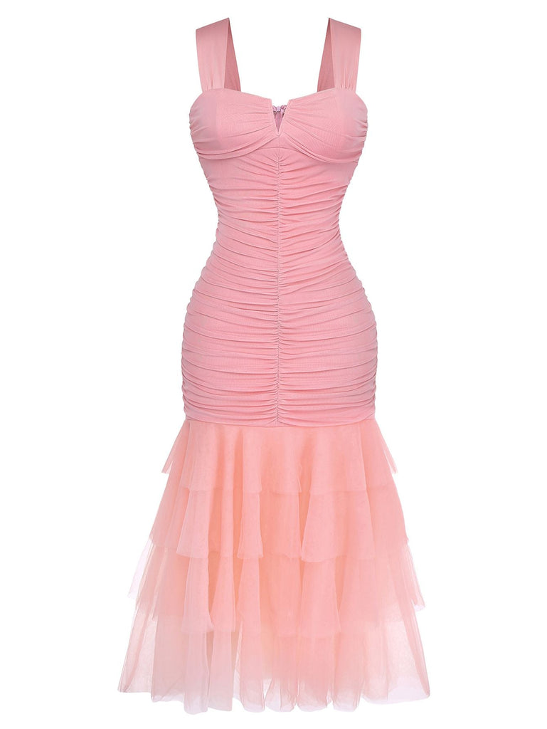 Rosa 1930er Solide Netz Patchwork Gerafft Enges Kleid