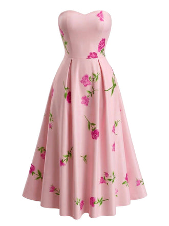 1940er Trägerlos Blumen High Waist Swing Kleid
