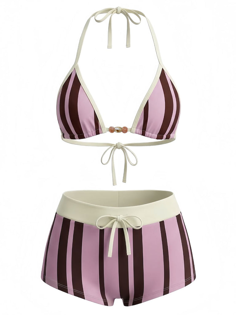 Rosa 1950er Schnür Halter Perlenbesetzt Polka Dot Bikini Set