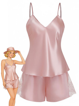 Rosa-1960er Solide Spitze Besatz Satin Unterhemd Pajama Set