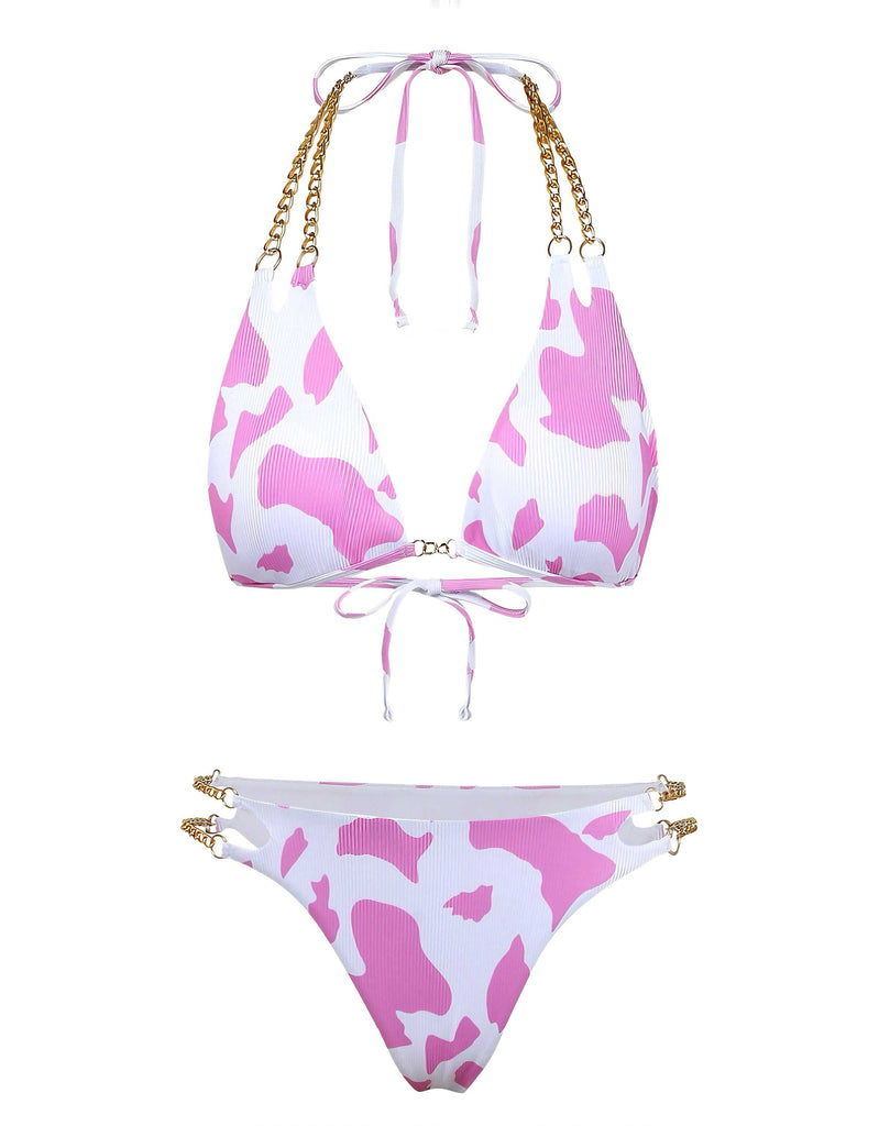 Vorderansicht des Bikini-Sets mit verspieltem rosa-weißem Kuhmuster.