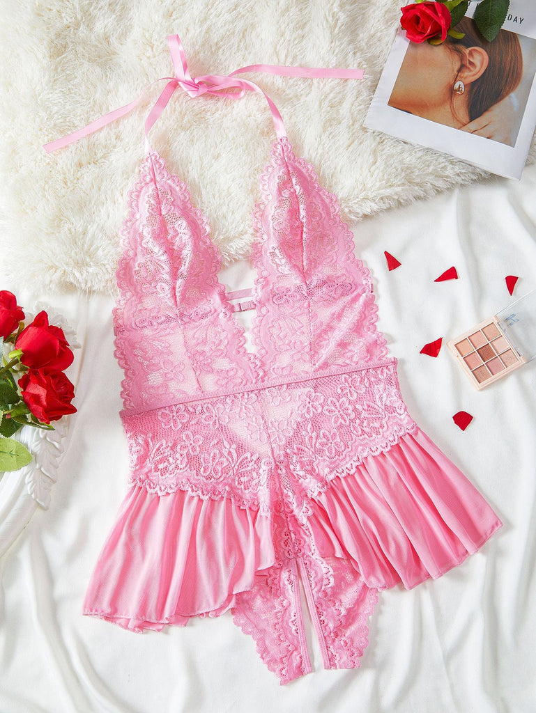 Rosa-1980er Halter Spitze Dessous mit Leopard Druck Rock