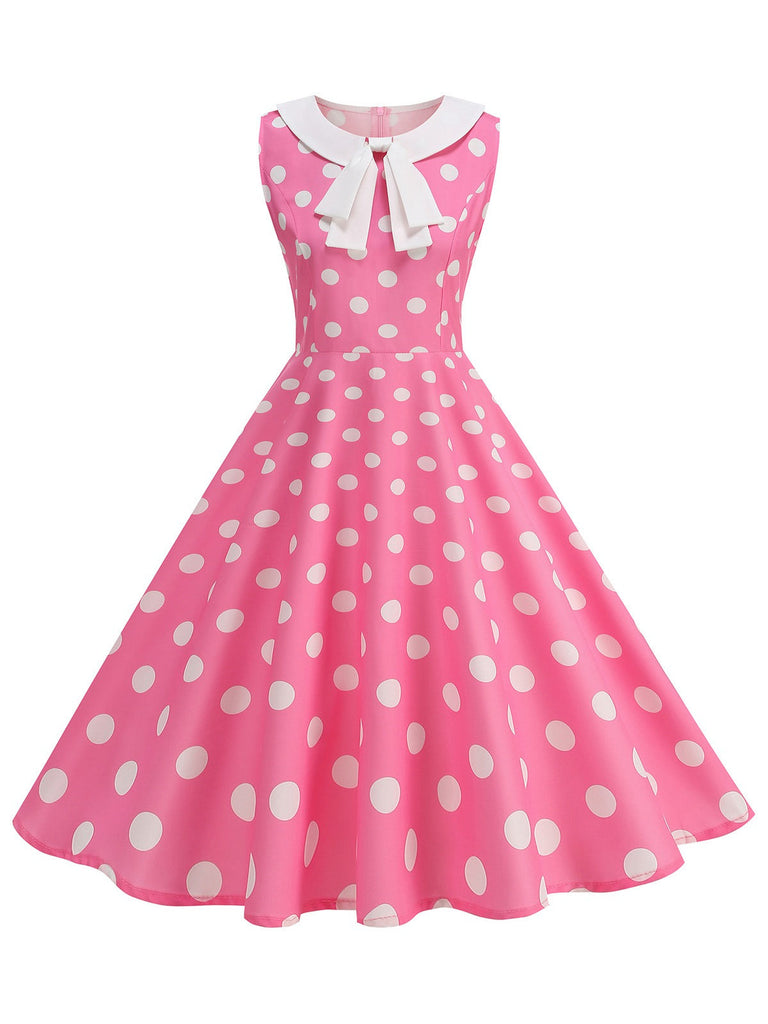 Rosa 1950er Polka Dot Peter-Pan-Kragen Ärmelloses Kleid