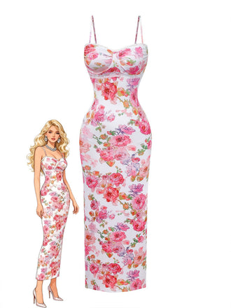 Rosa 1980er Blumen Druck Trägerlos Figurbetont Maxi Kleid-model