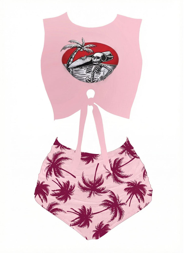 Rosa 1980er Punk Taillen Tie Skeleton Strand Tankini Set