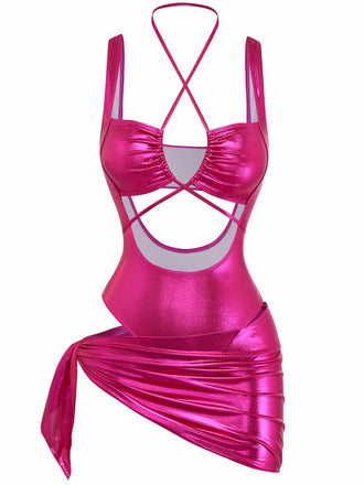 Rosaroter 70er Badeanzug mit Cut-out und Metallic