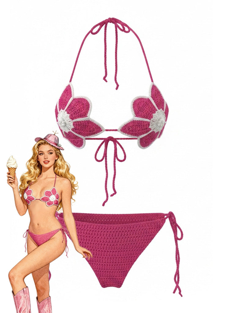 Rosarot 80er Bikini-Set & Shorts mit Blumen und Hand