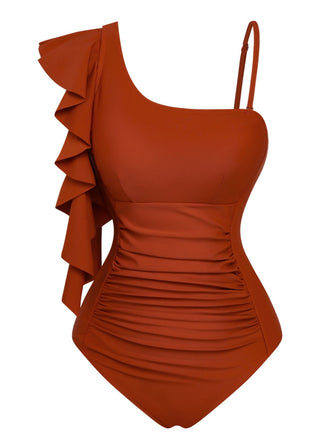 1940er Rüschen Asymmetrischer Ausschnitt Einteiliger Badeanzug