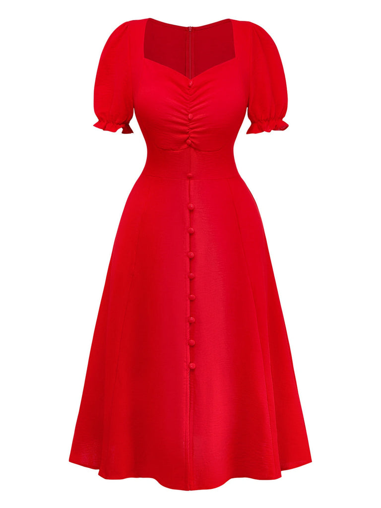 Rotes Empire-Kleid aus den 1940er Jahren mit einfarbiger Taille – Vorderansicht