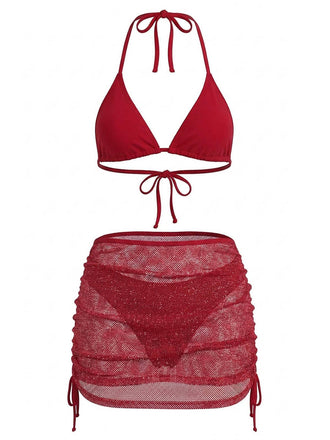 Rot 1940er Uni Halter Bikini Set & Häkel Cover-Up