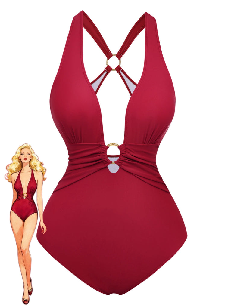 Geraffter Badeanzug mit Kordelzug aus den 1960er Jahren – Vintage-Badeanzug im Pin-up-Stil