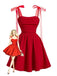 Rot 1950er Netz Bogen Träger Gerafft Kleid-model