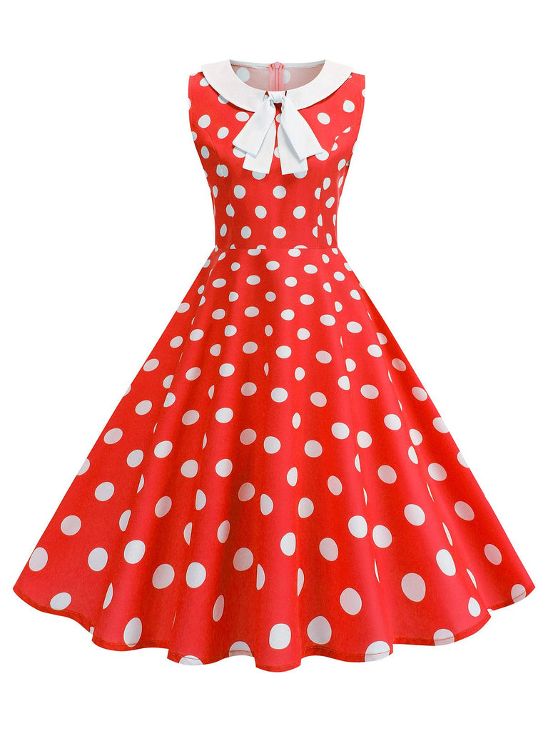 Rot 1950er Polka Dot Peter-Pan-Kragen Ärmelloses Kleid